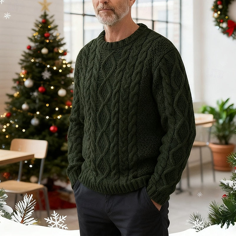 Cable Knit Crew Neck Aran Pattern Winter Jumper for Mens
