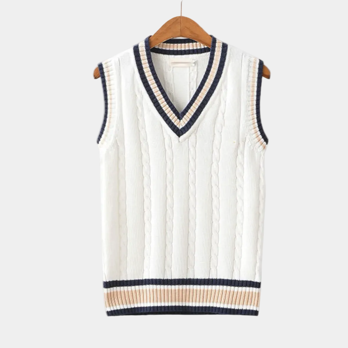 Cable Knit Jumper Vest with V Neck and Stripe Trim for Men