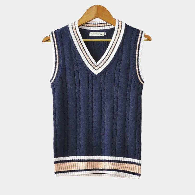 Cable Knit Jumper Vest with V Neck and Stripe Trim for Men