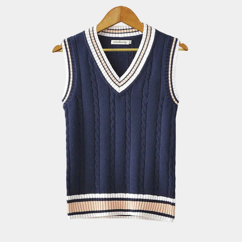 Cable Knit Jumper Vest with V Neck and Stripe Trim for Men