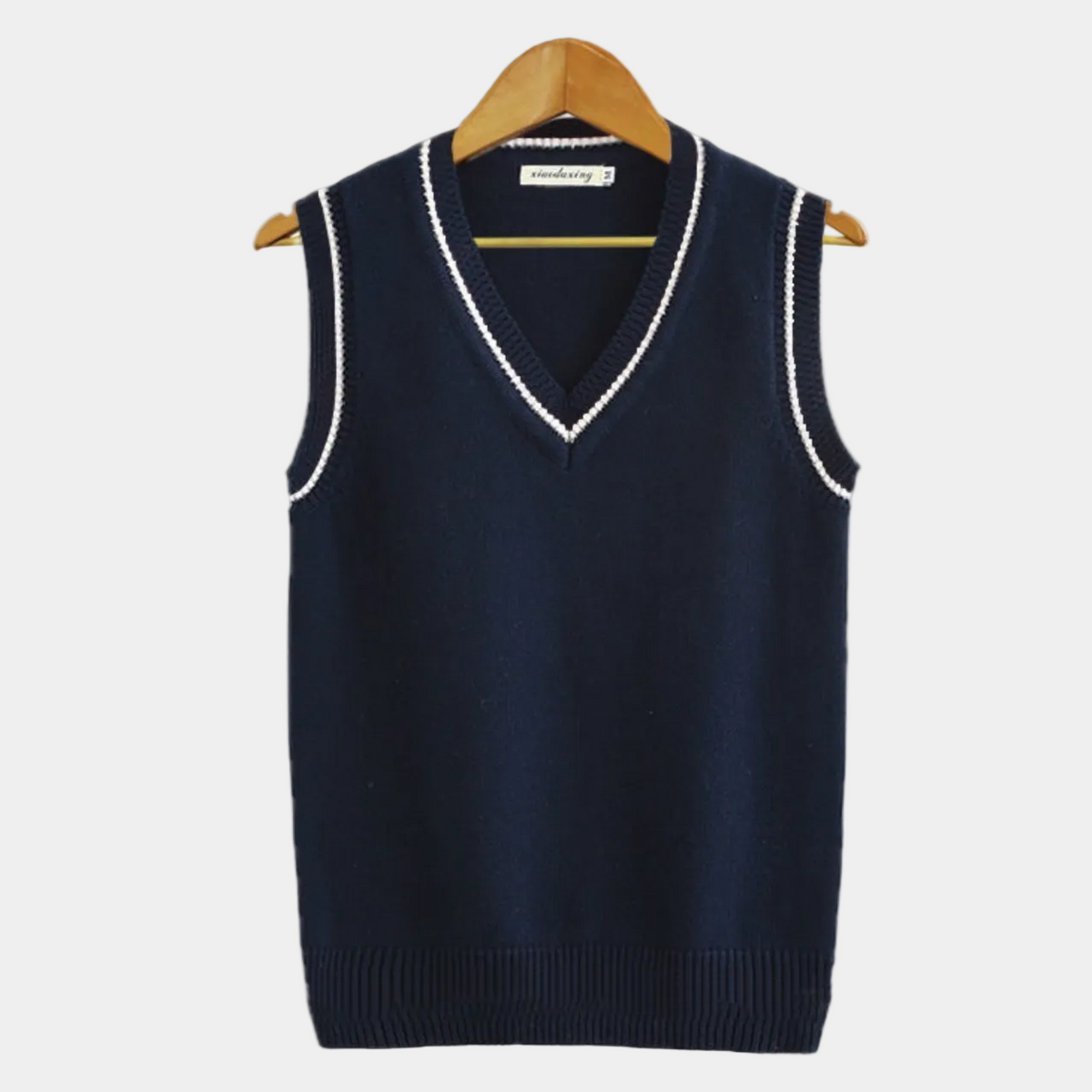 Cable Knit Jumper Vest with V Neck and Stripe Trim for Men