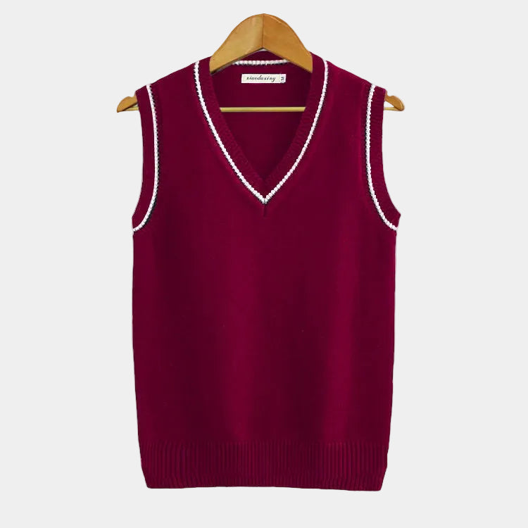 Cable Knit Jumper Vest with V Neck and Stripe Trim for Men