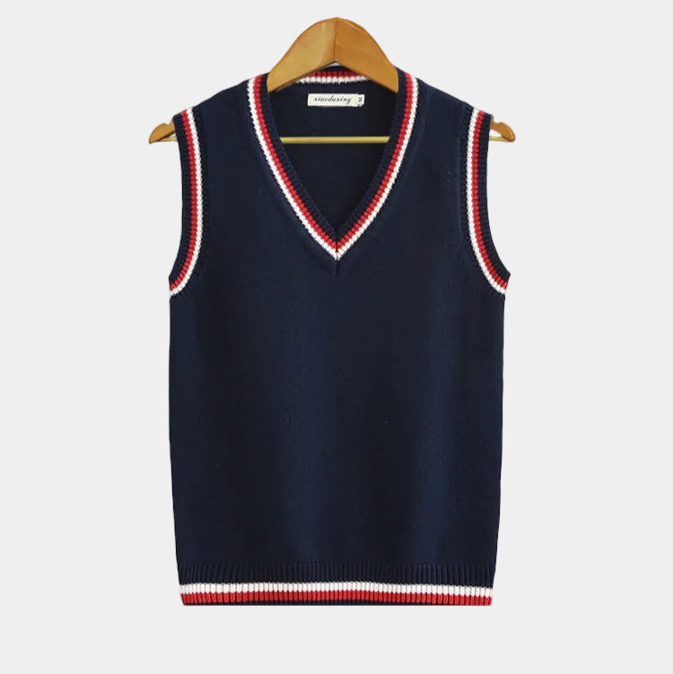 Cable Knit Jumper Vest with V Neck and Stripe Trim for Men