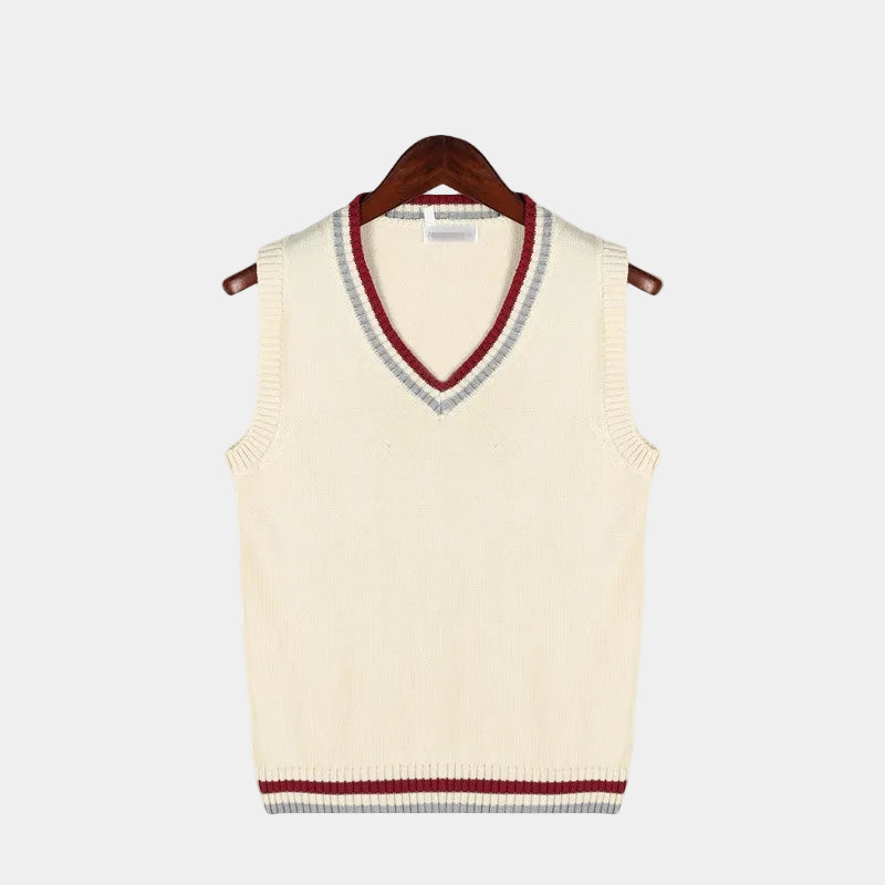Cable Knit Jumper Vest with V Neck and Stripe Trim for Men