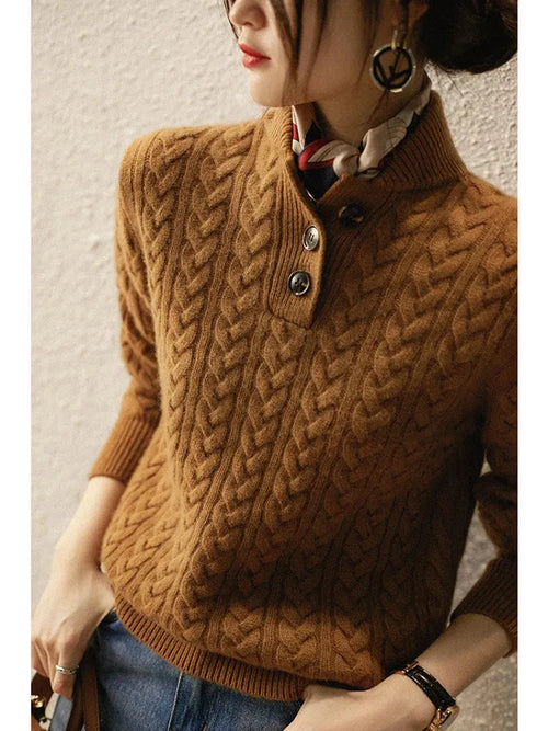 Cable Knit Jumper with Raised Button Collar for women