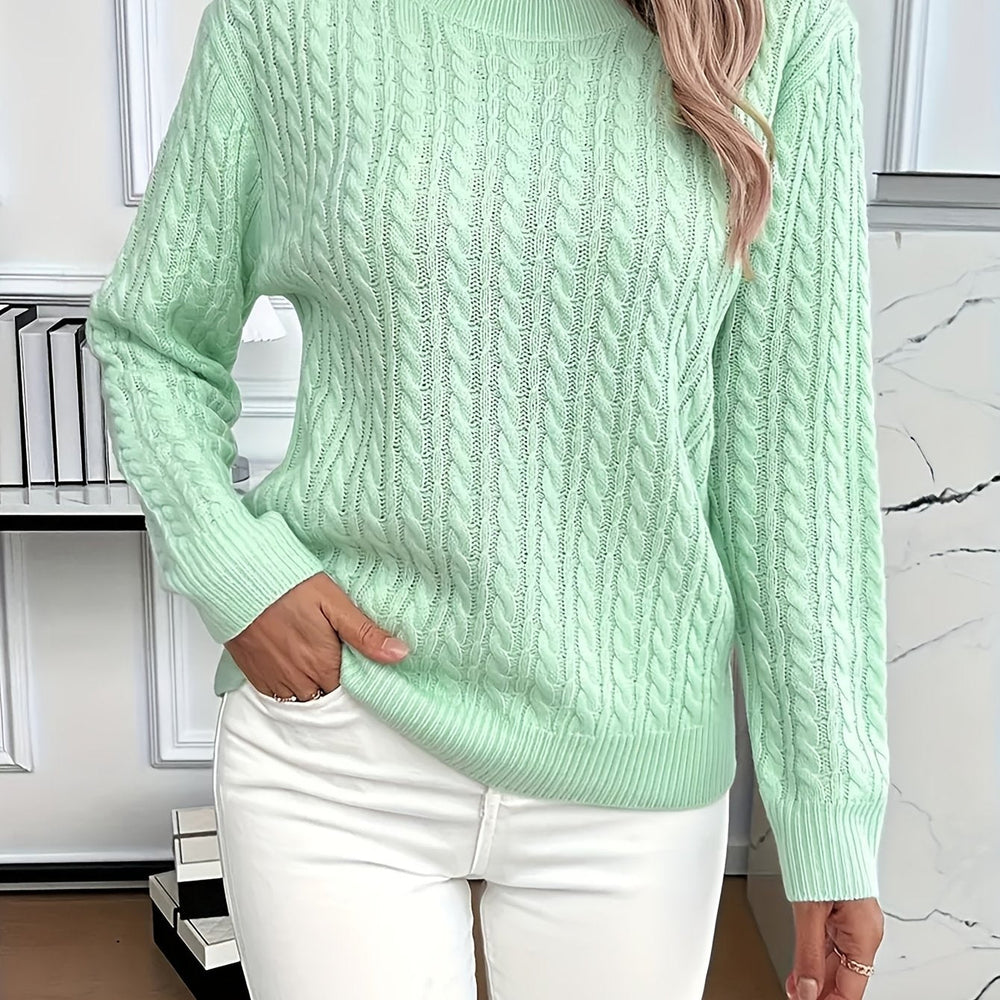 Cable Knit Jumper with Round Neck and Ribbed Trims for women