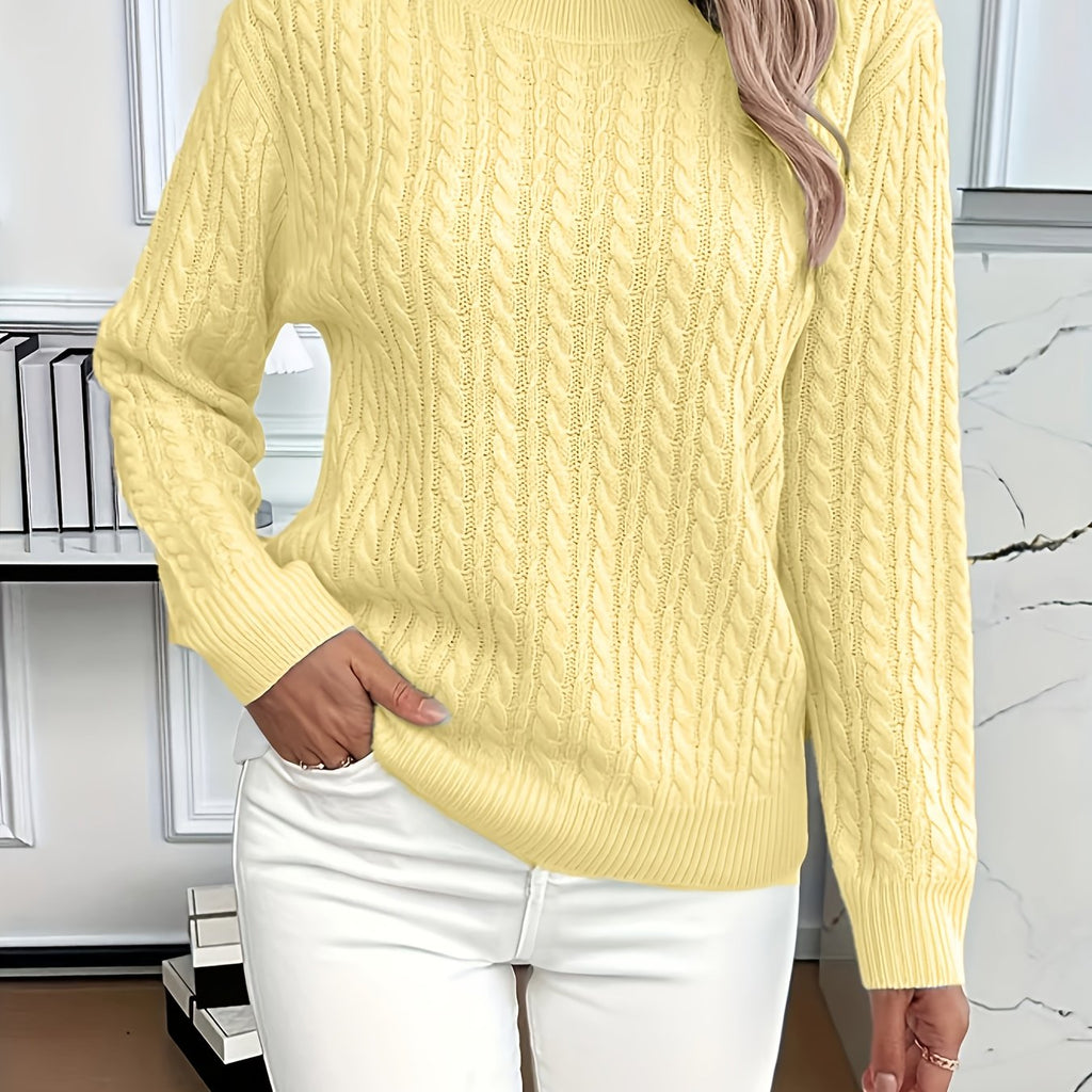 Cable Knit Jumper with Round Neck and Ribbed Trims for women