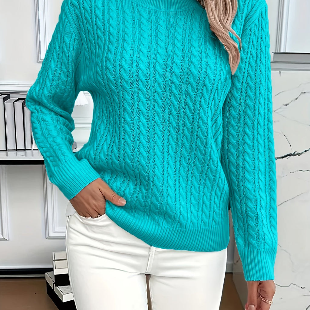 Cable Knit Jumper with Round Neck and Ribbed Trims for women