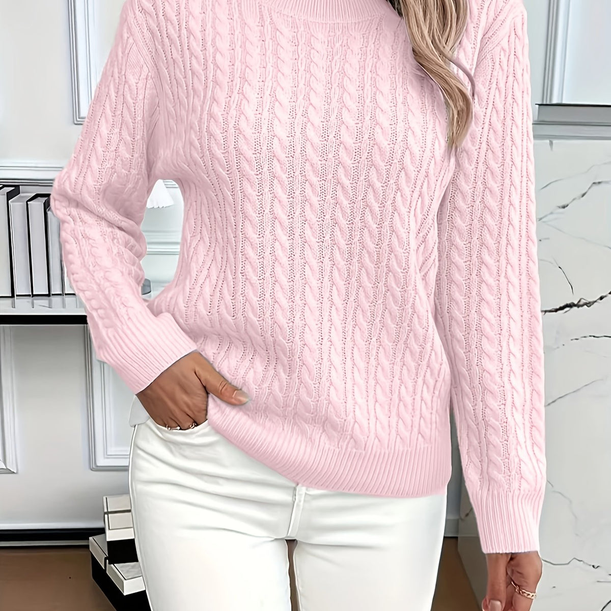 Cable Knit Jumper with Round Neck and Ribbed Trims for women