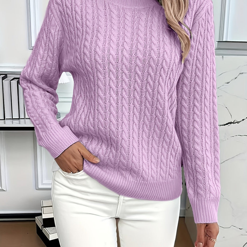 Cable Knit Jumper with Round Neck and Ribbed Trims for women