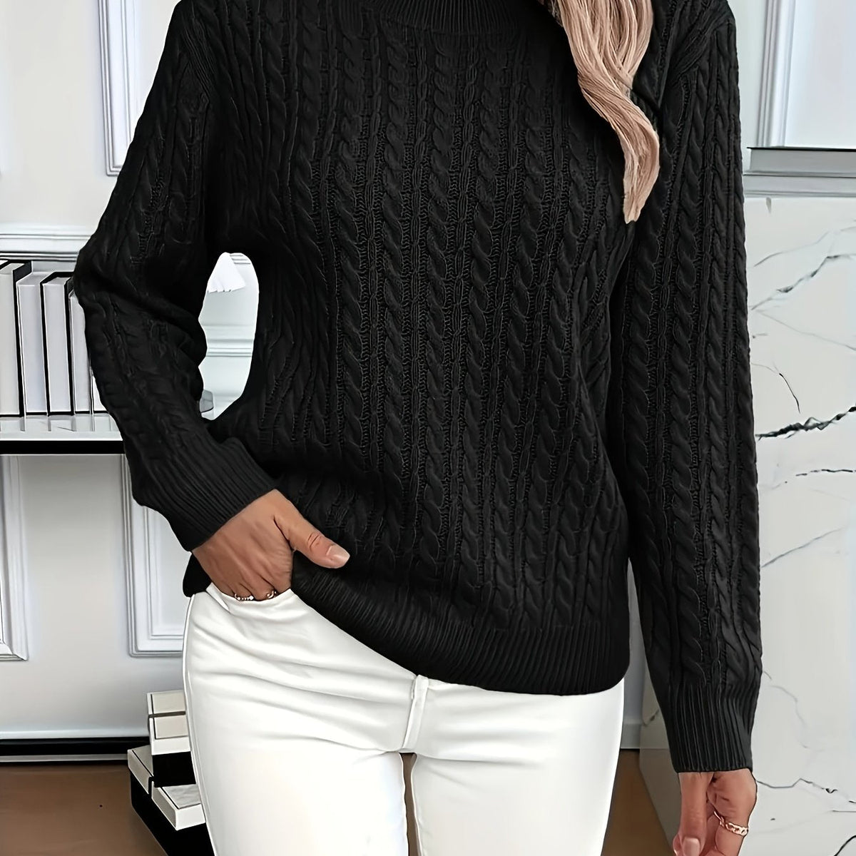 Cable Knit Jumper with Round Neck and Ribbed Trims for women