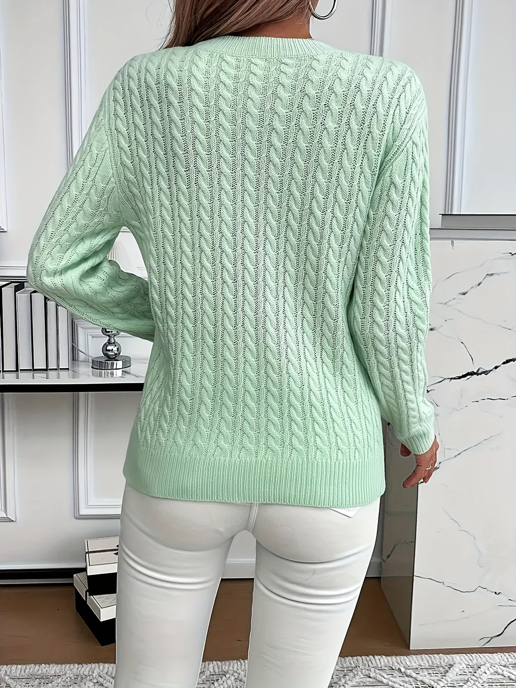 Cable Knit Jumper with Round Neck and Ribbed Trims for women