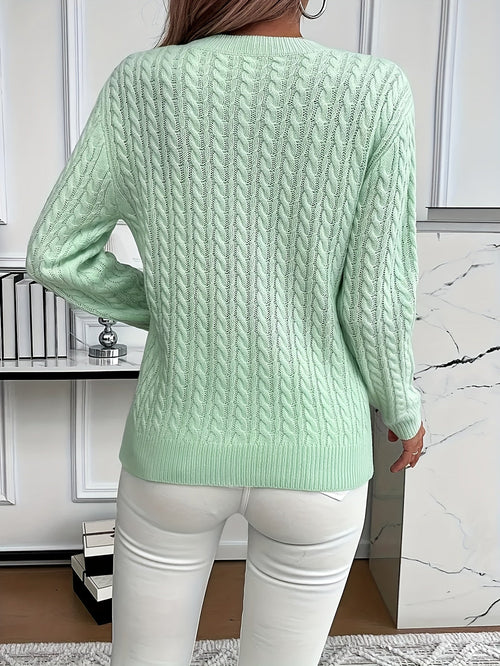Cable Knit Jumper with Round Neck and Ribbed Trims for women