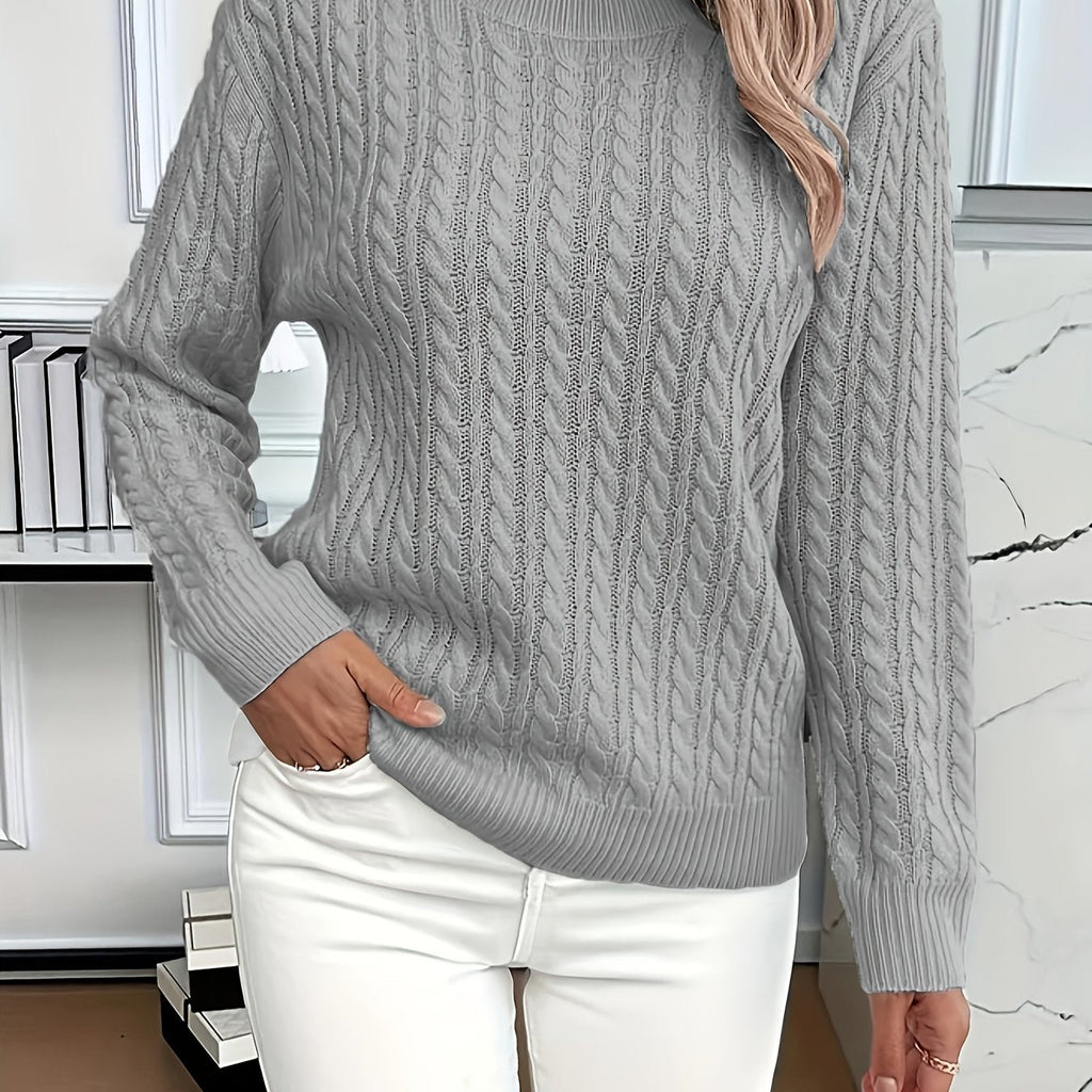 Cable Knit Jumper with Round Neck and Ribbed Trims for women
