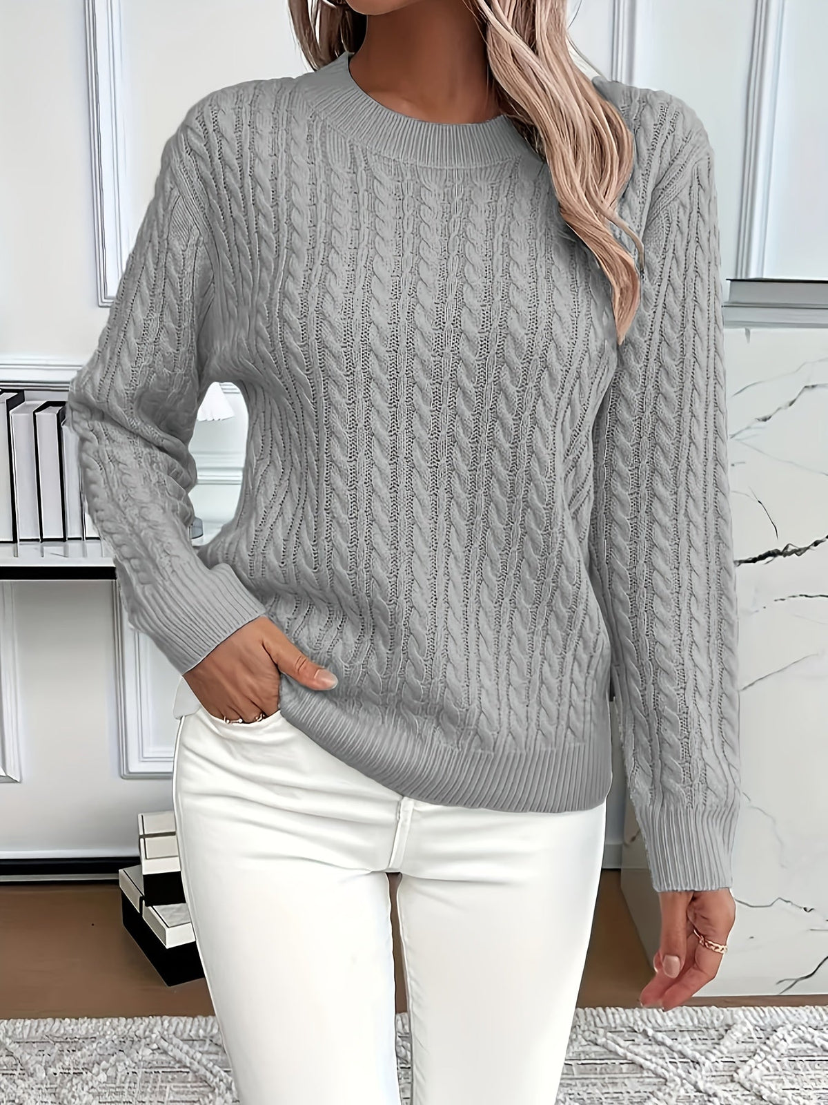 Cable Knit Jumper with Round Neck and Ribbed Trims for women