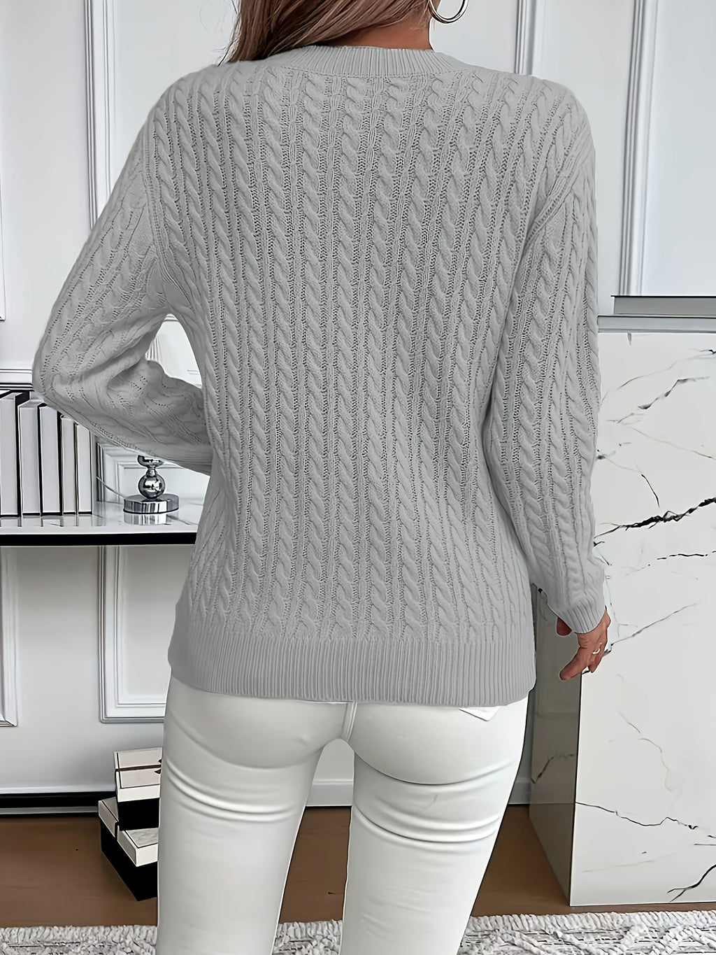 Cable Knit Jumper with Round Neck and Ribbed Trims for women