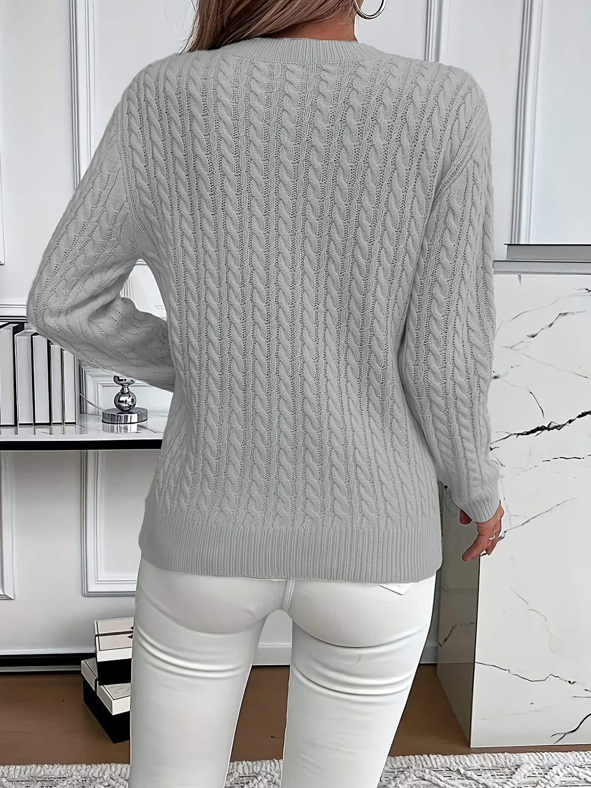 Cable Knit Jumper with Round Neck and Ribbed Trims for women