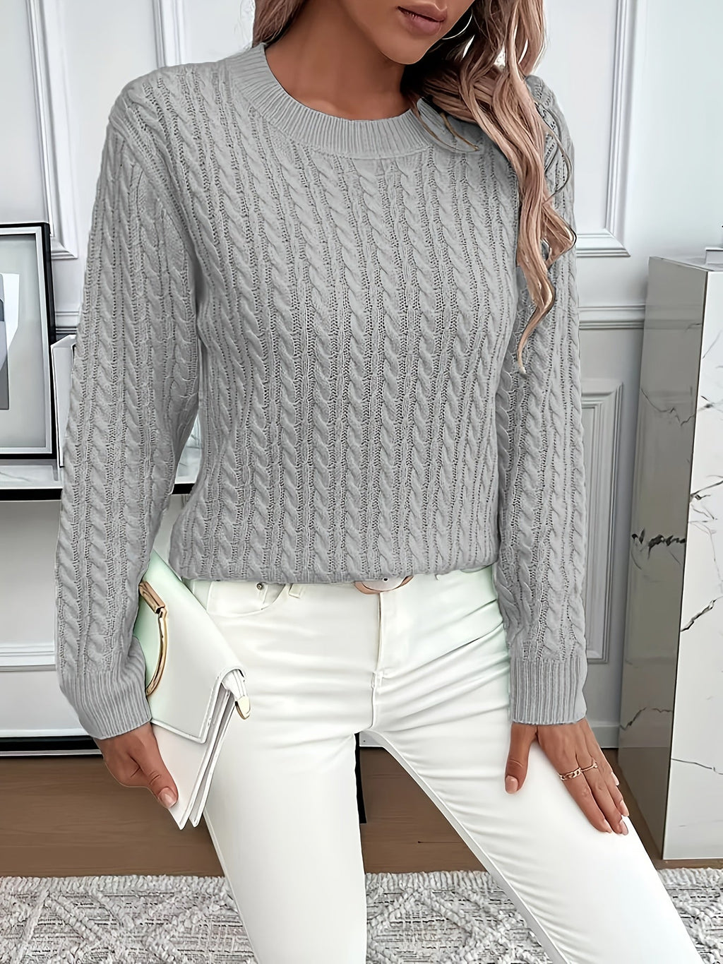 Cable Knit Jumper with Round Neck and Ribbed Trims for women