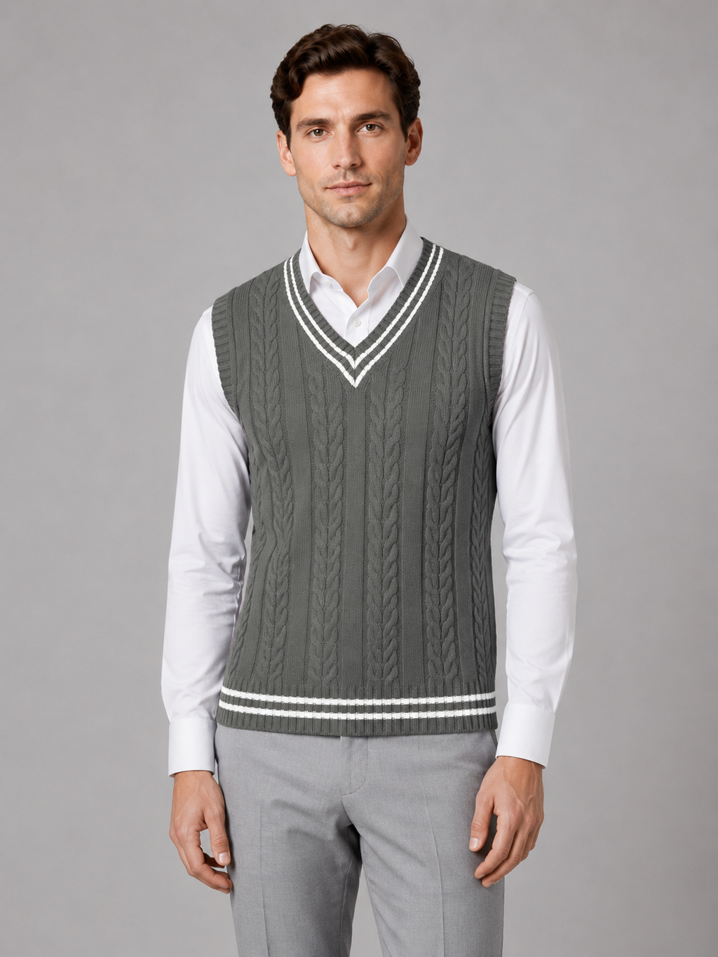 Cable Knit Vest with V Neck and Contrast Stripes for Men