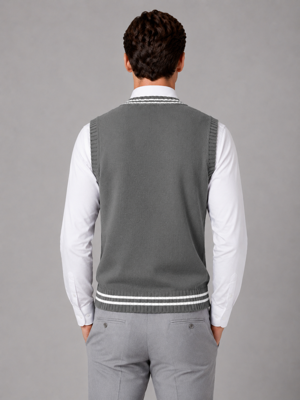 Cable Knit Vest with V Neck and Contrast Stripes for Men