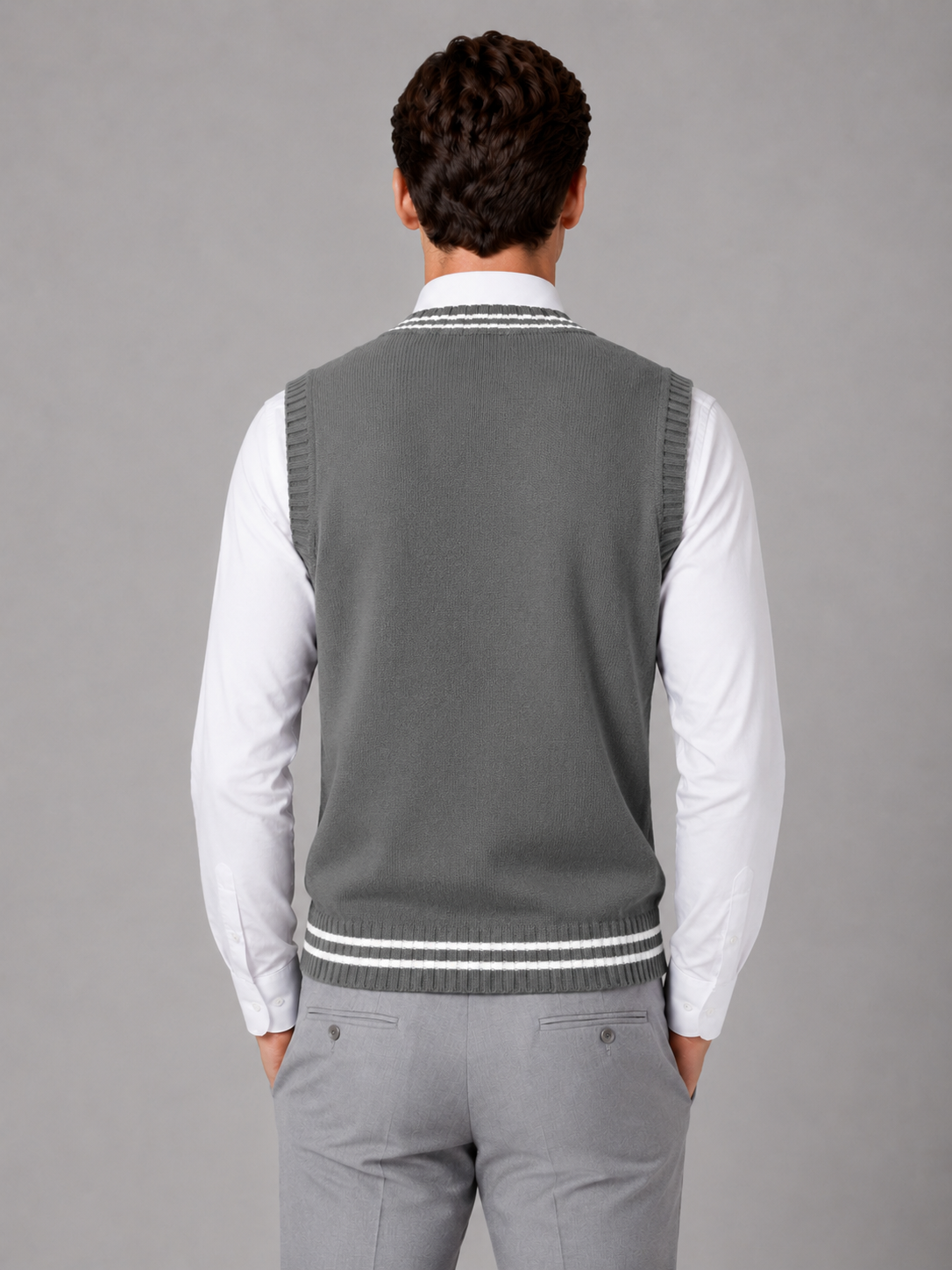 Cable Knit Vest with V Neck and Contrast Stripes for Men