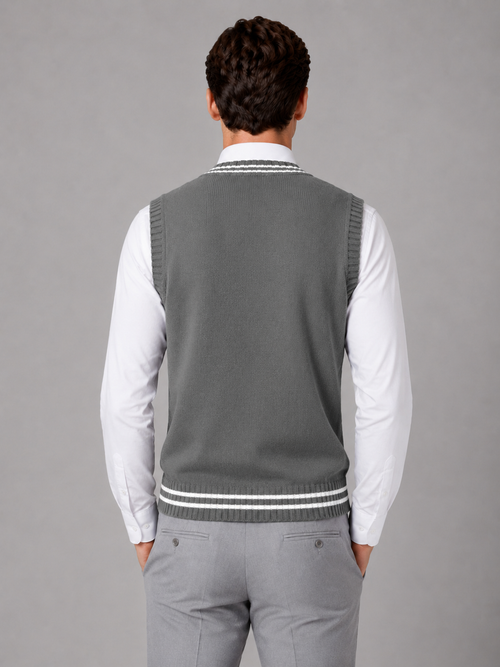 Cable Knit Vest with V Neck and Contrast Stripes for Men