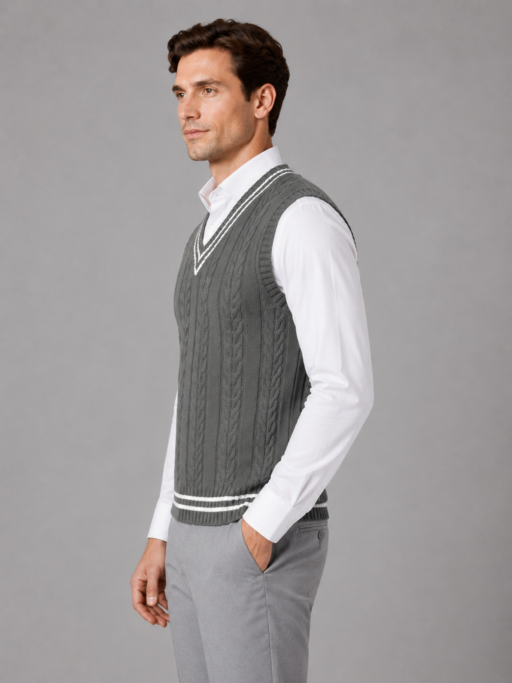 Cable Knit Vest with V Neck and Contrast Stripes for Men