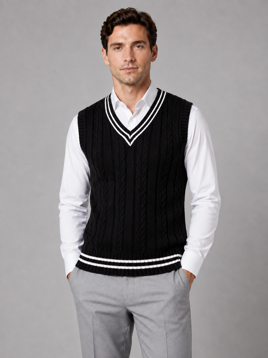 Cable Knit Vest with V Neck and Contrast Stripes for Men