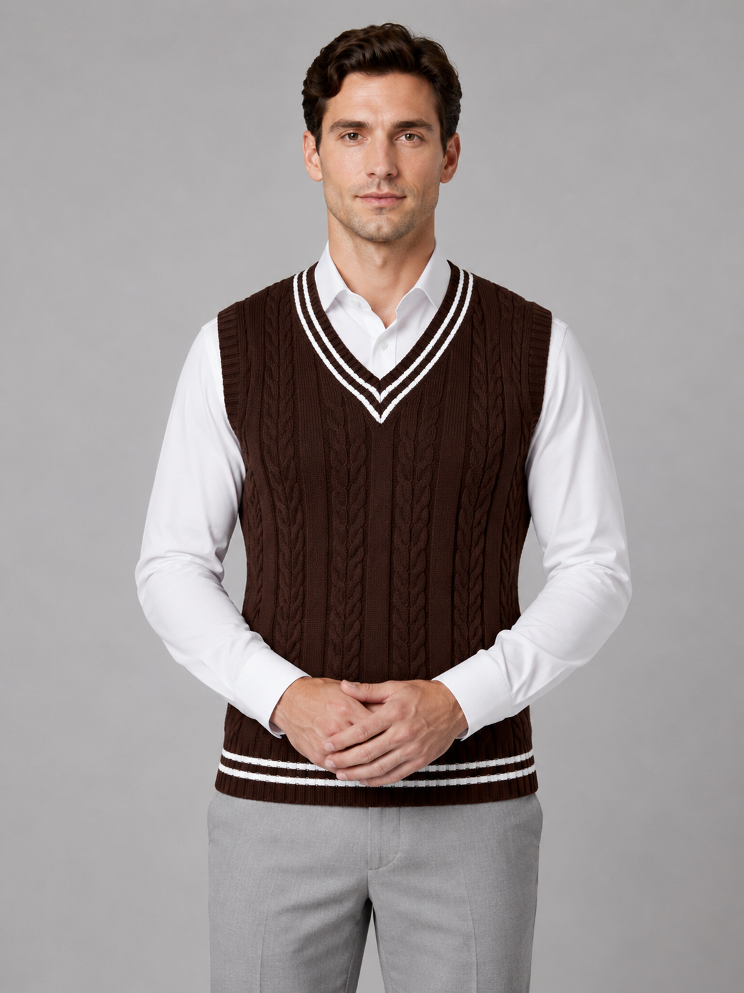 Cable Knit Vest with V Neck and Contrast Stripes for Men