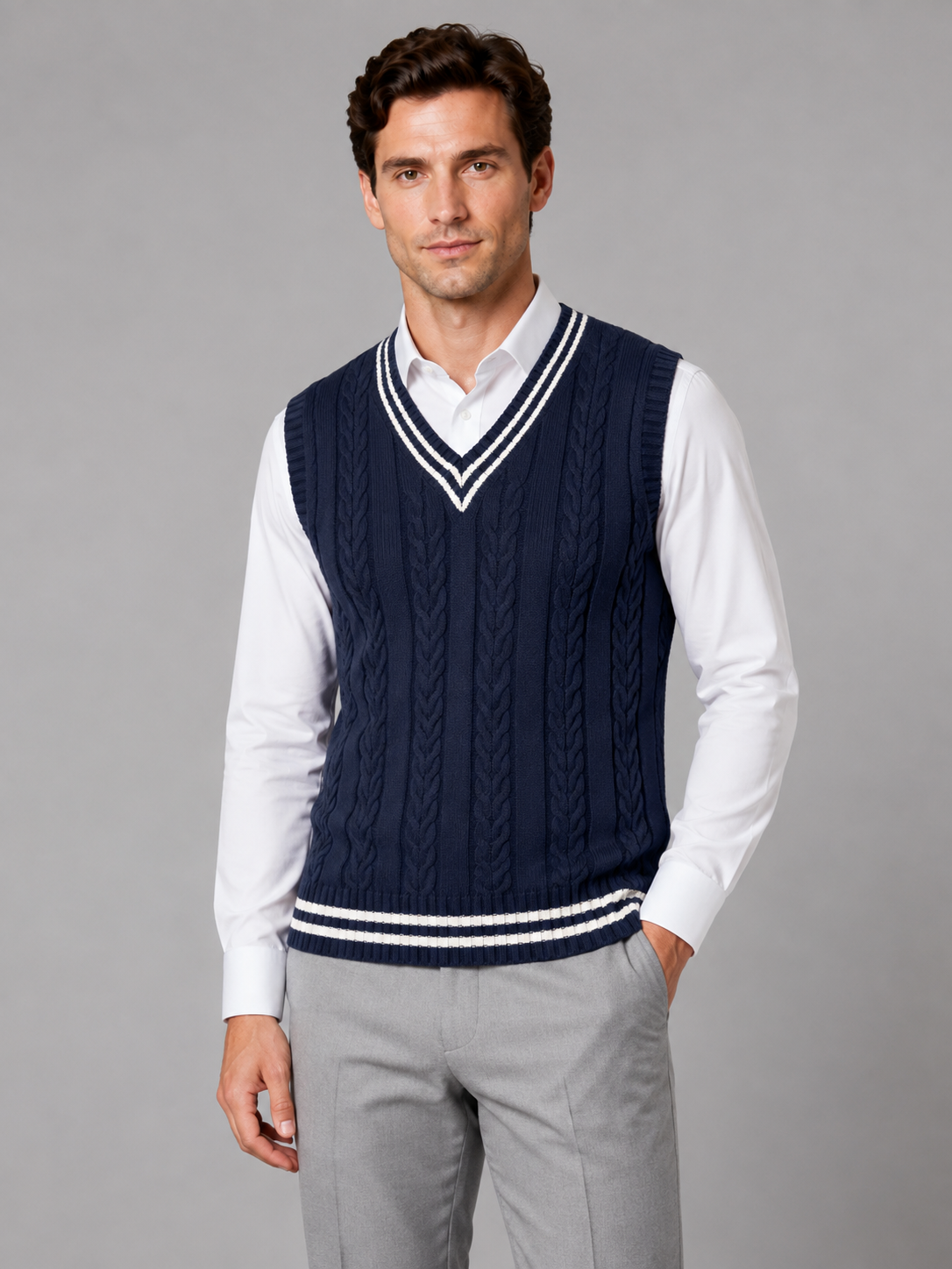 Cable Knit Vest with V Neck and Contrast Stripes for Men
