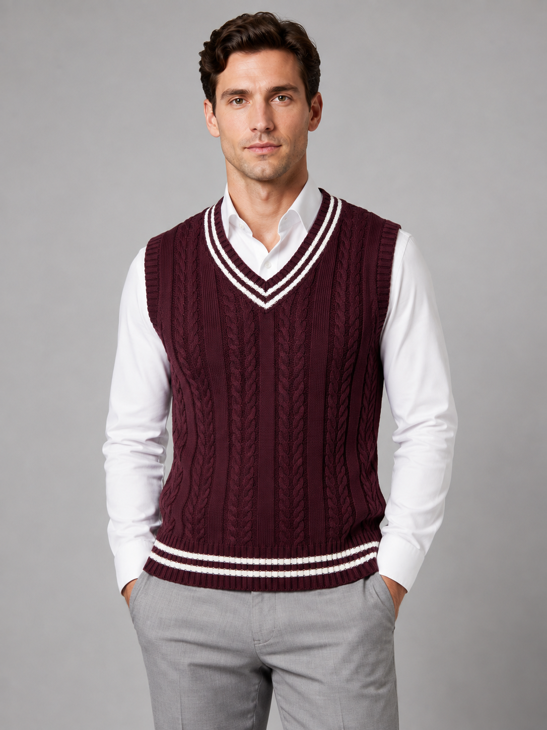 Cable Knit Vest with V Neck and Contrast Stripes for Men