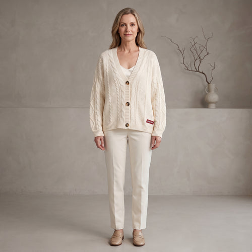 Cable Knit Cardigan with Star Applique Sleeves for Women
