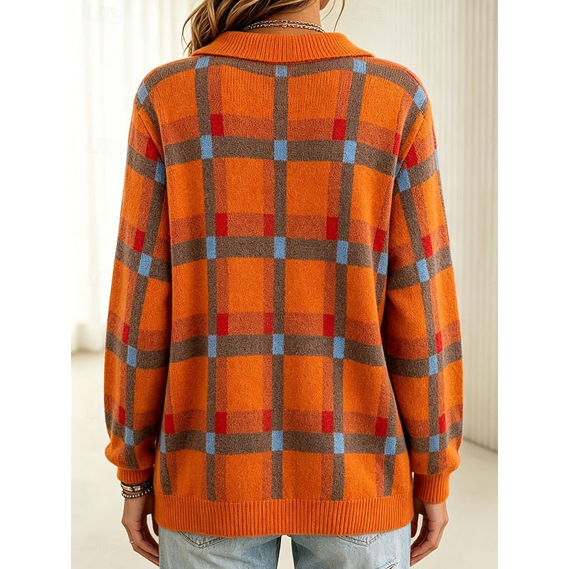 Cardigan with Check Pattern and Shirt Collar for Womens