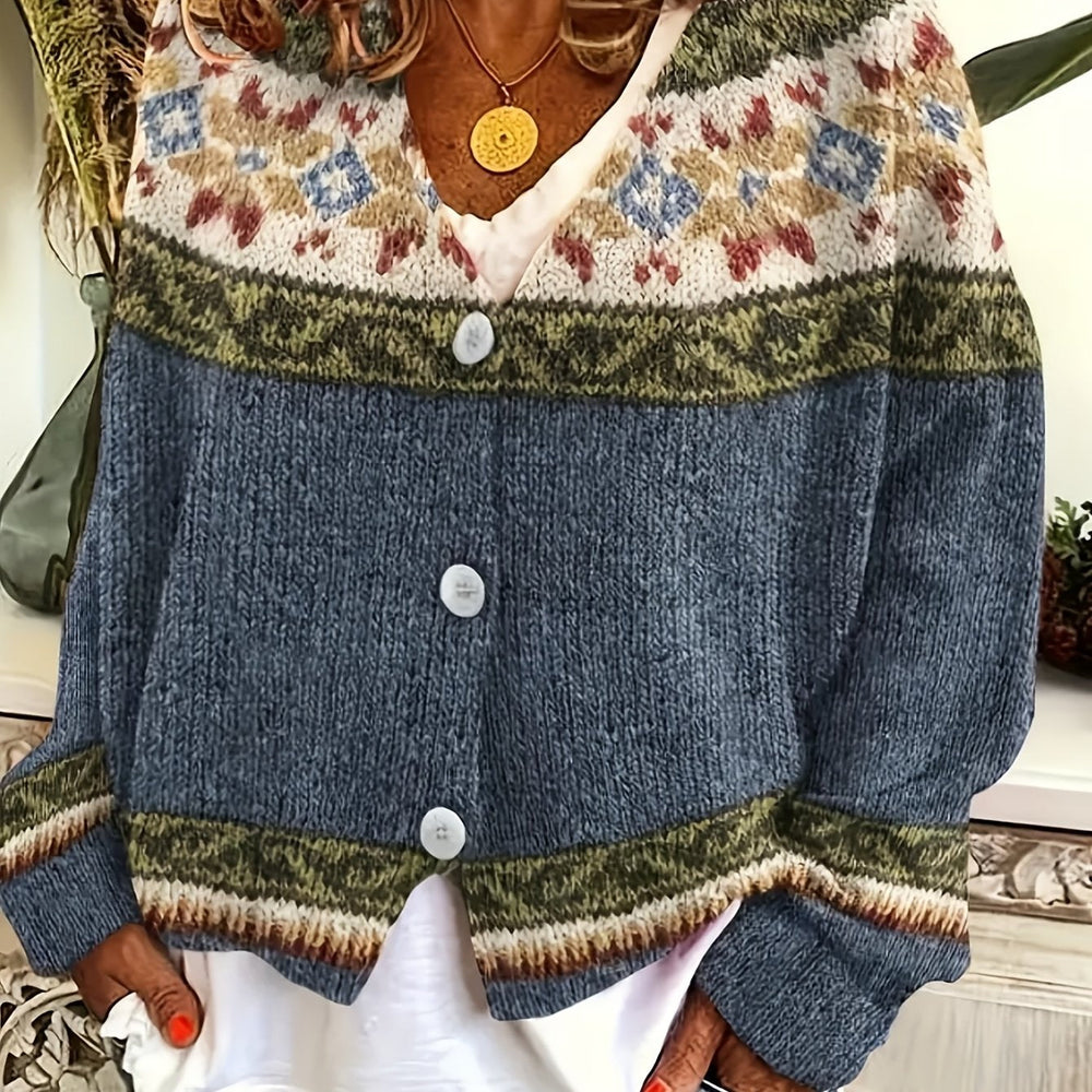 Cardigan with Patterned Yoke and Button Front for Womens