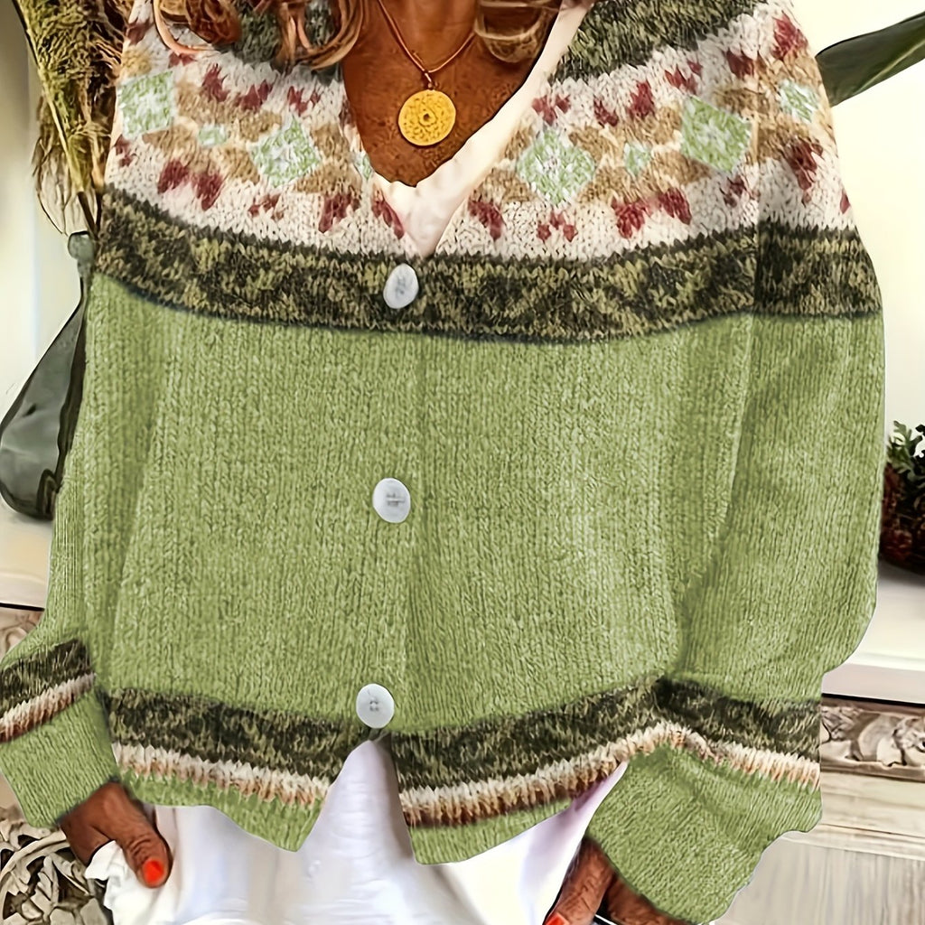 Cardigan with Patterned Yoke and Button Front for Womens