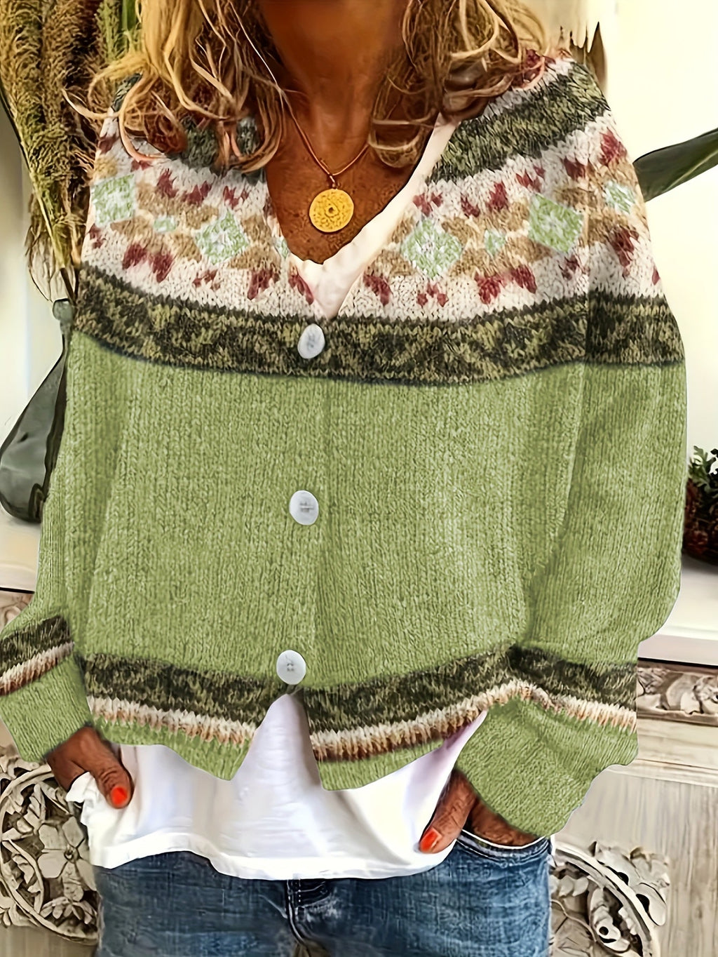 Cardigan with Patterned Yoke and Button Front for Womens
