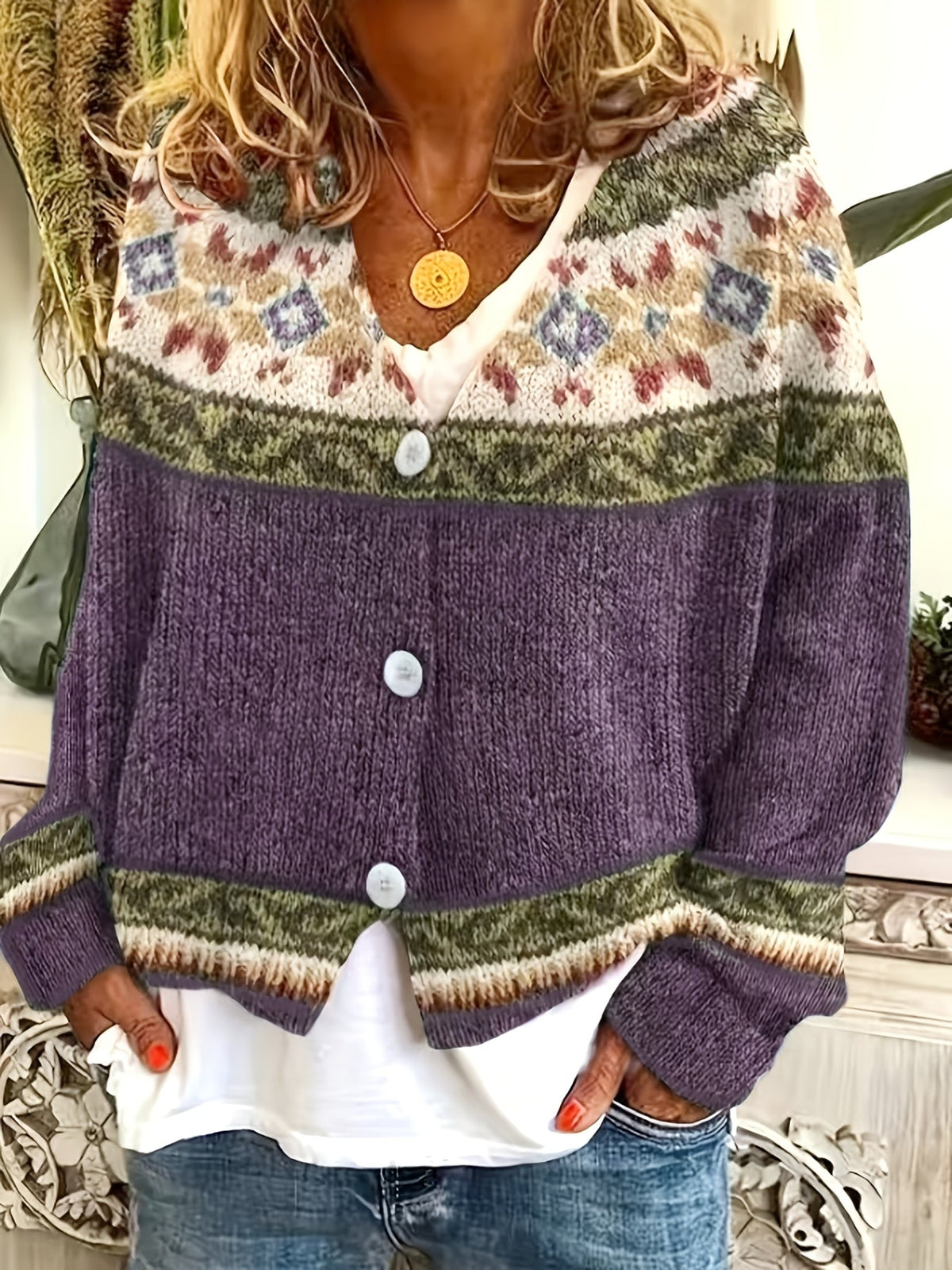 Cardigan with Patterned Yoke and Button Front for Womens