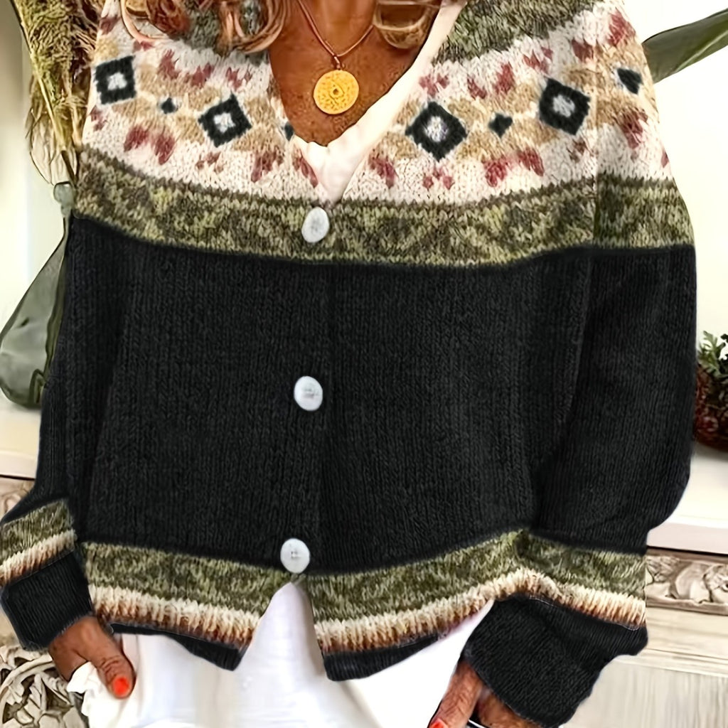 Cardigan with Patterned Yoke and Button Front for Womens