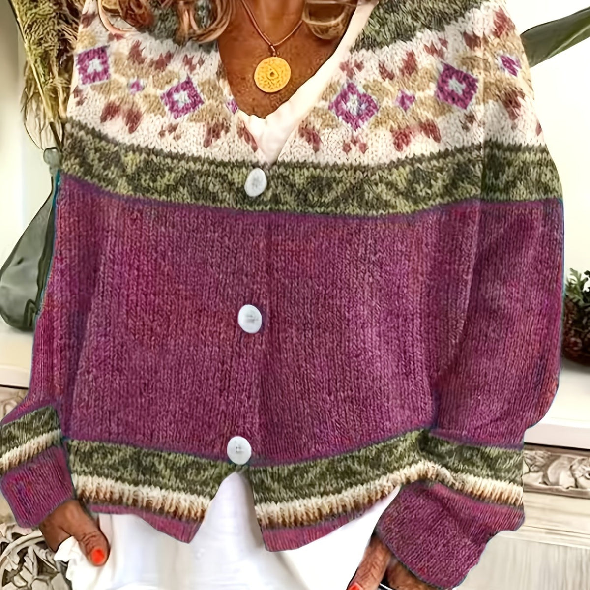 Cardigan with Patterned Yoke and Button Front for Womens