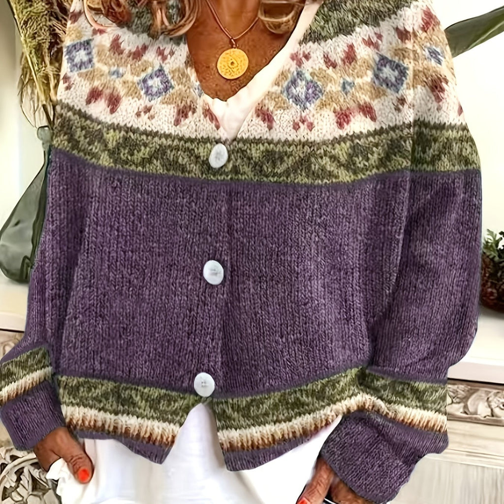 Cardigan with Patterned Yoke and Button Front for Womens