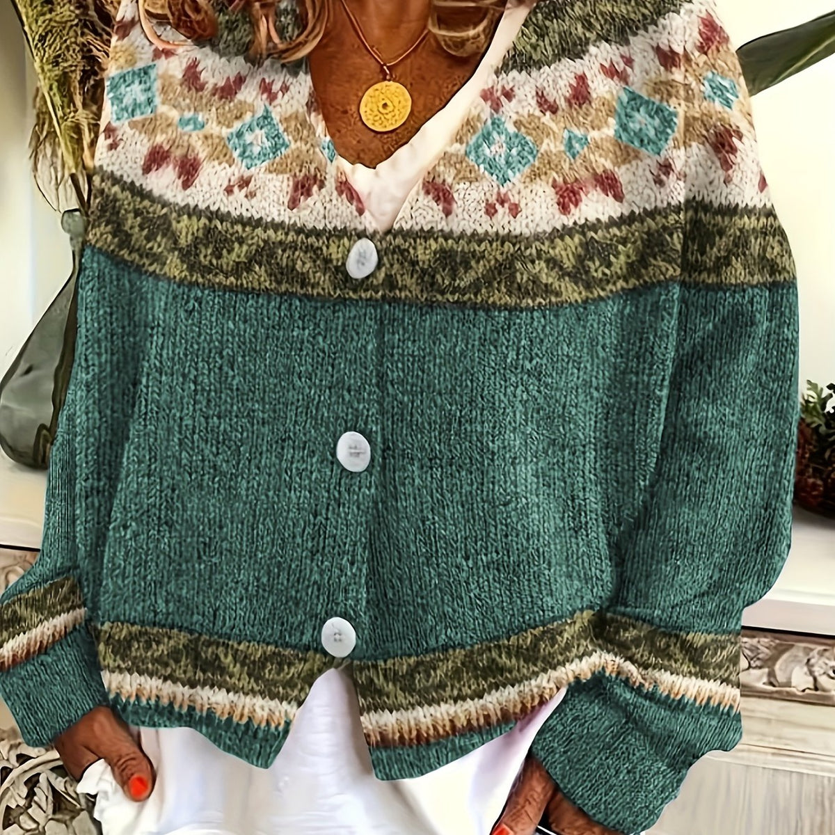 Cardigan with Patterned Yoke and Button Front for Womens