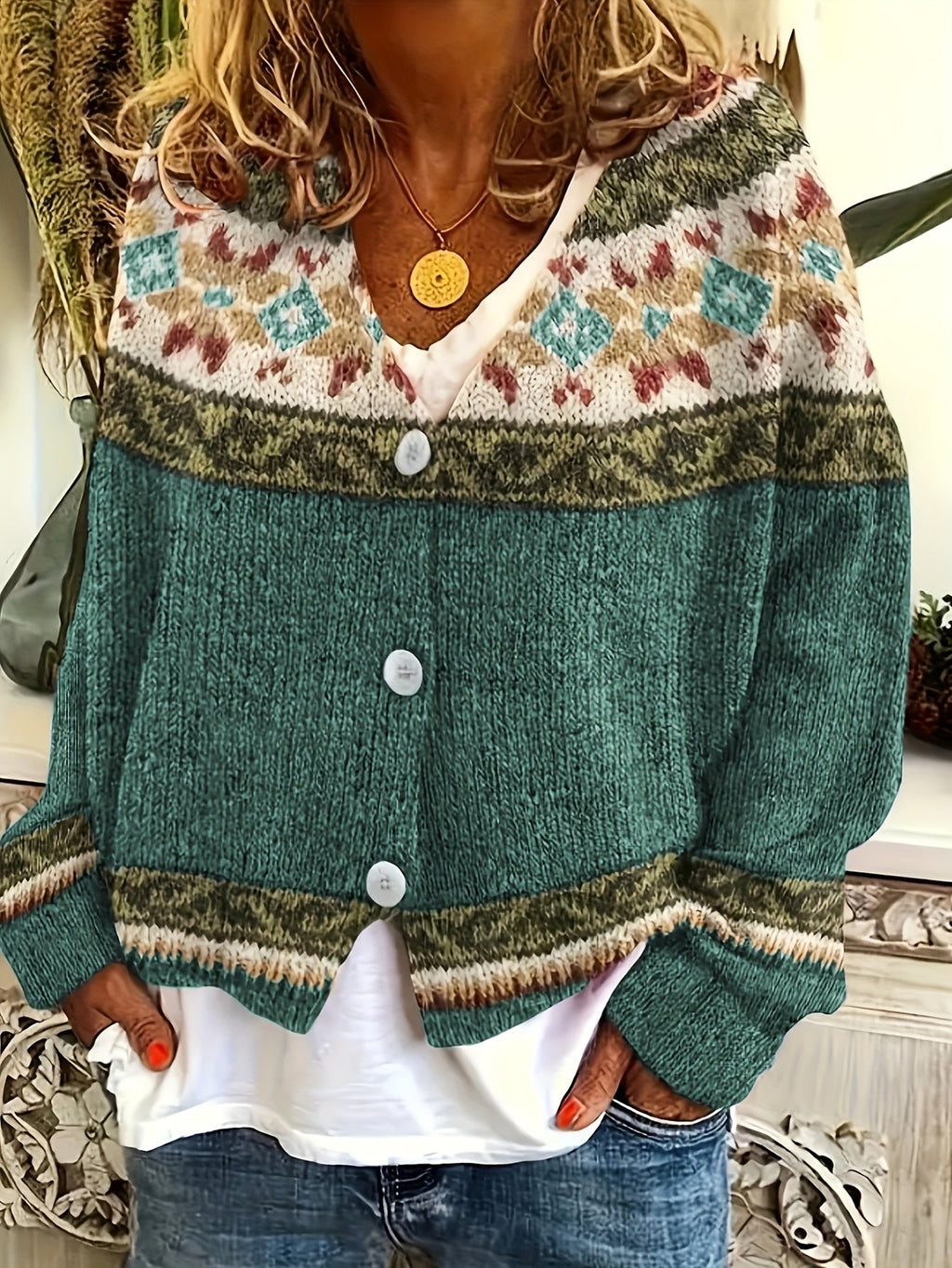 Cardigan with Patterned Yoke and Button Front for Womens