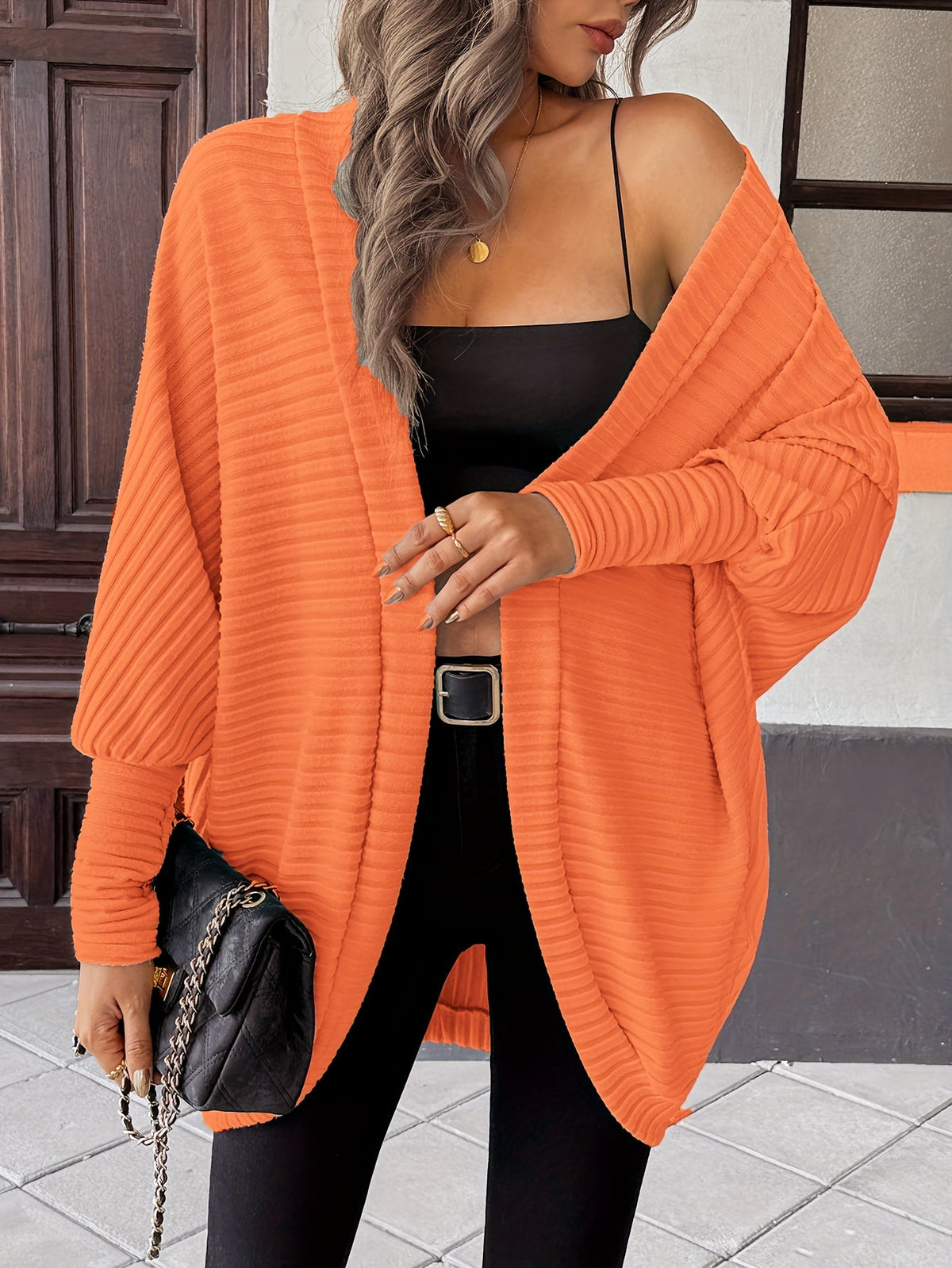 Cardigan with Rib Texture and Batwing Sleeves for Womens