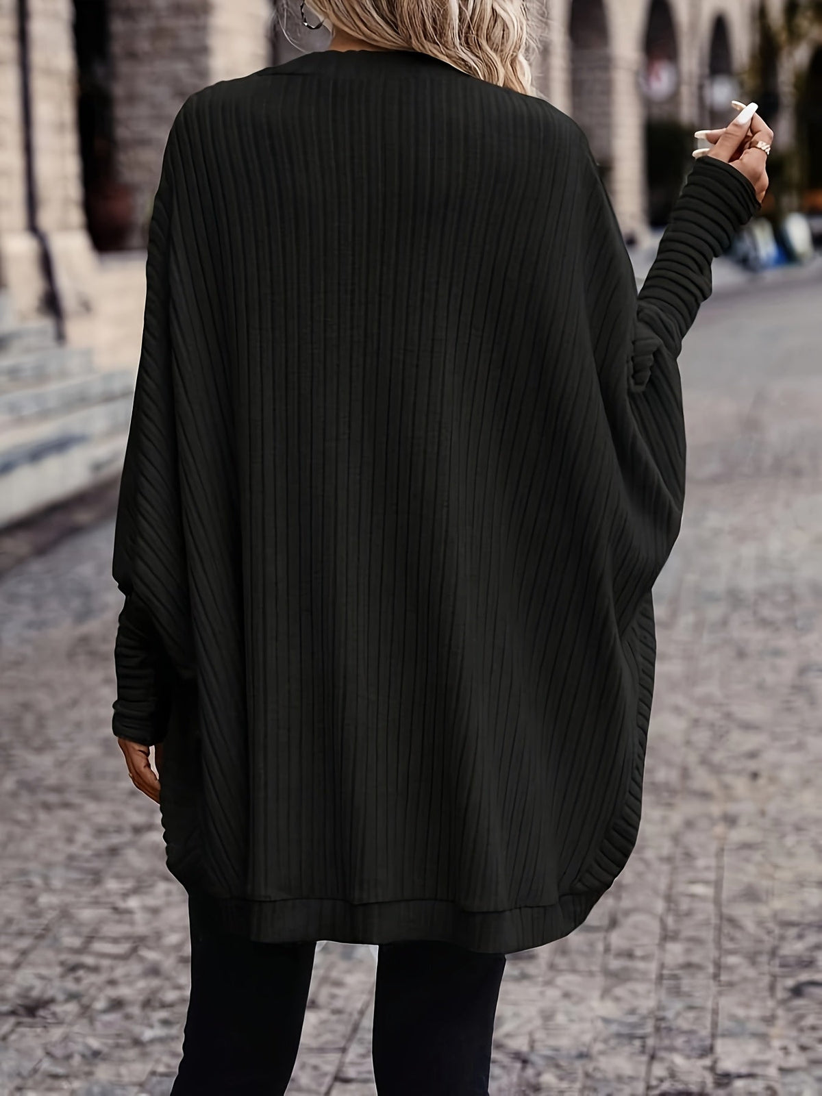 Cardigan with Rib Texture and Batwing Sleeves for Womens