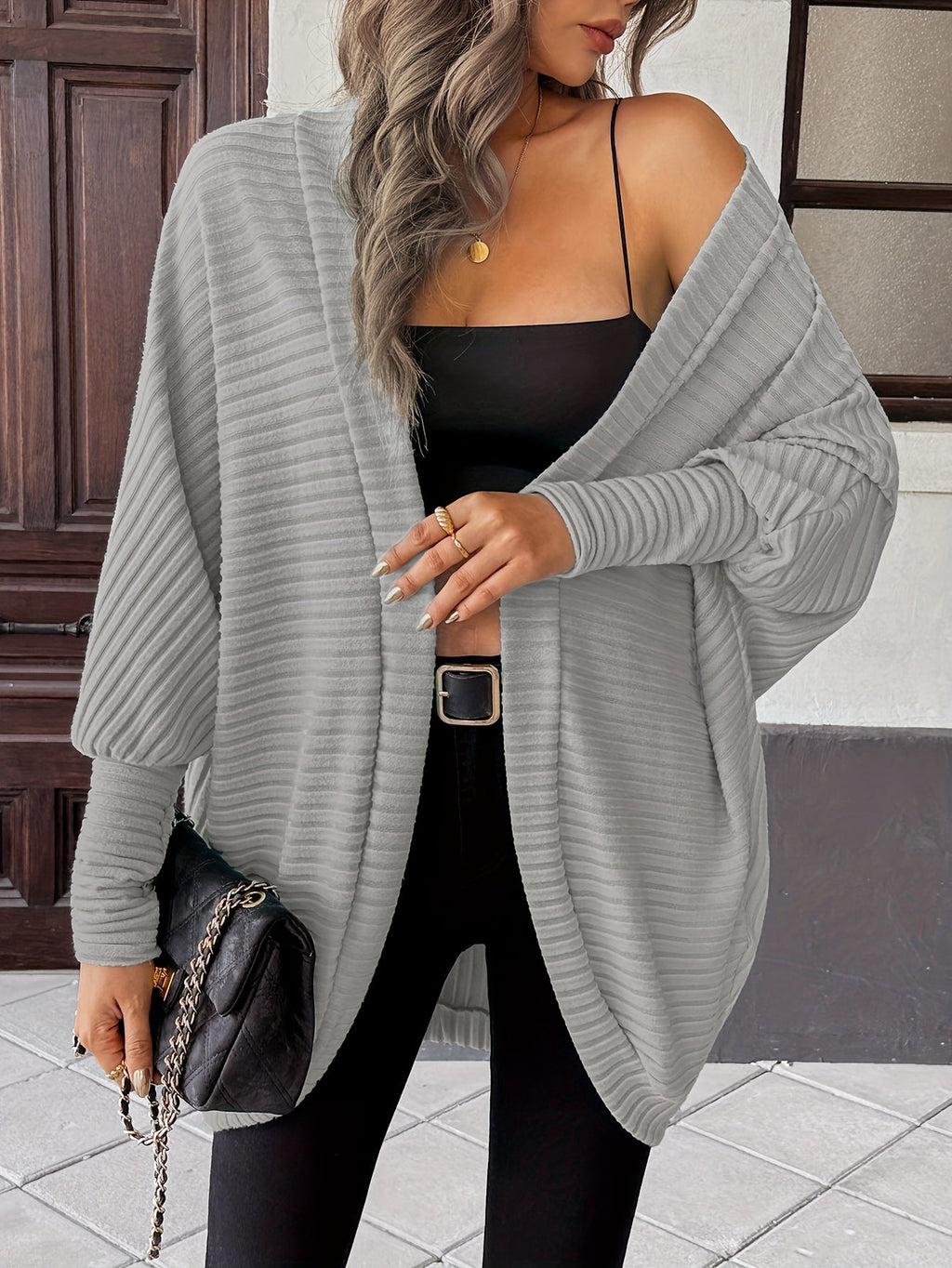 Cardigan with Rib Texture and Batwing Sleeves for Womens