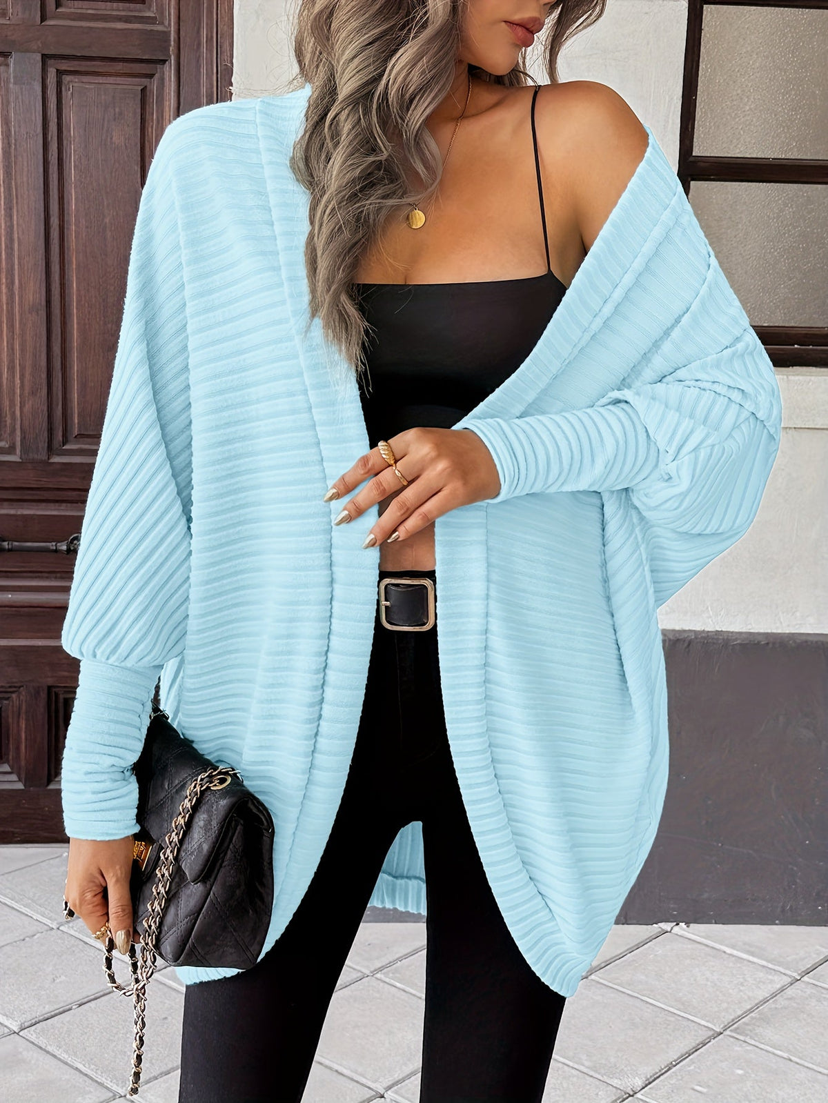 Cardigan with Rib Texture and Batwing Sleeves for Womens