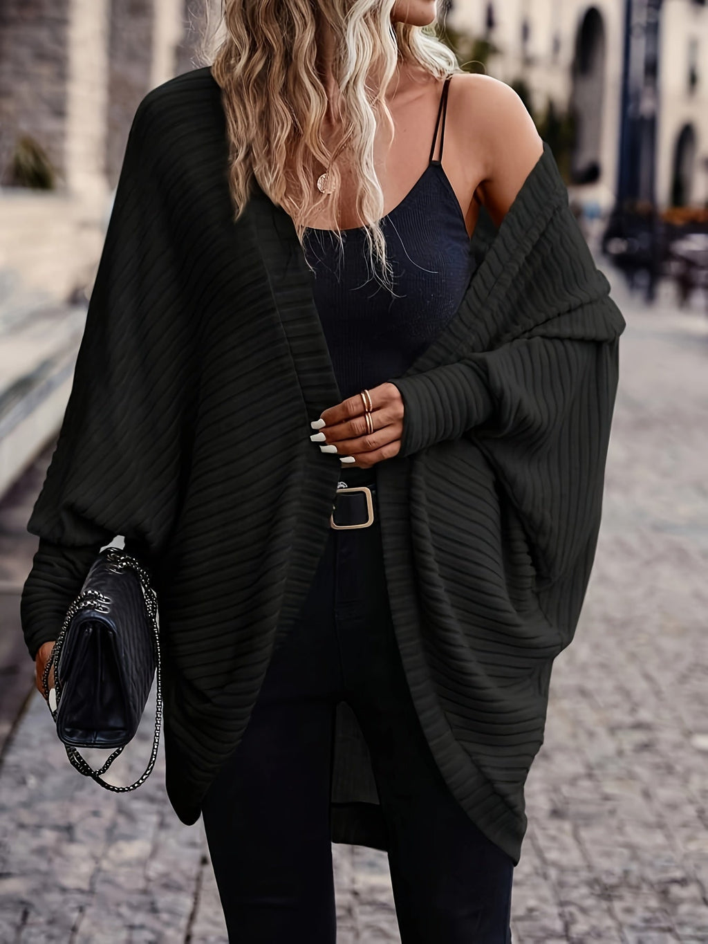 Cardigan with Rib Texture and Batwing Sleeves for Womens