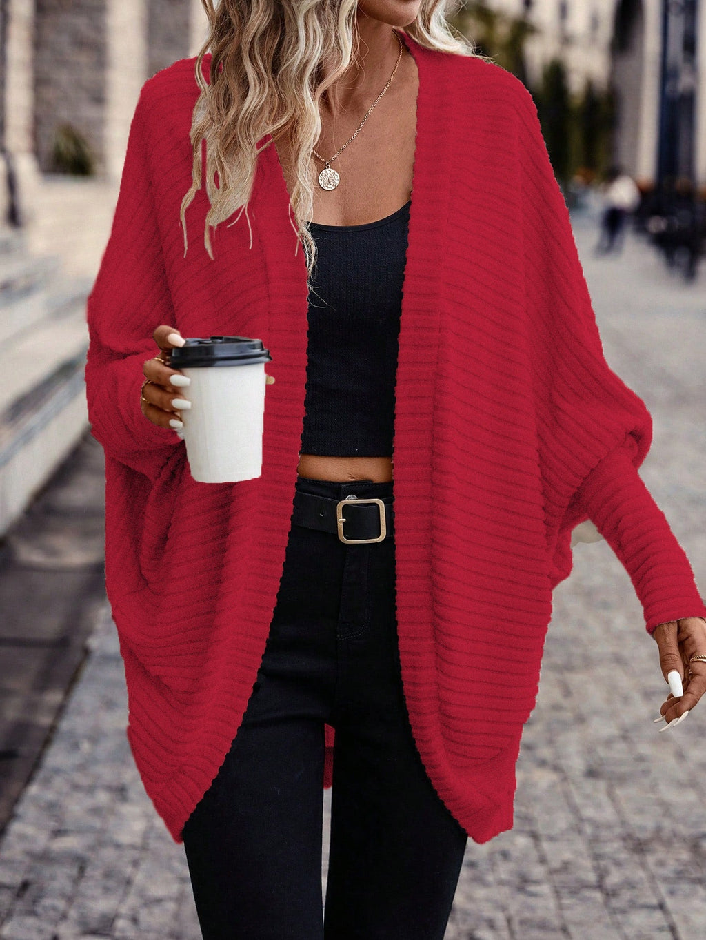 Cardigan with Rib Texture and Batwing Sleeves for Womens