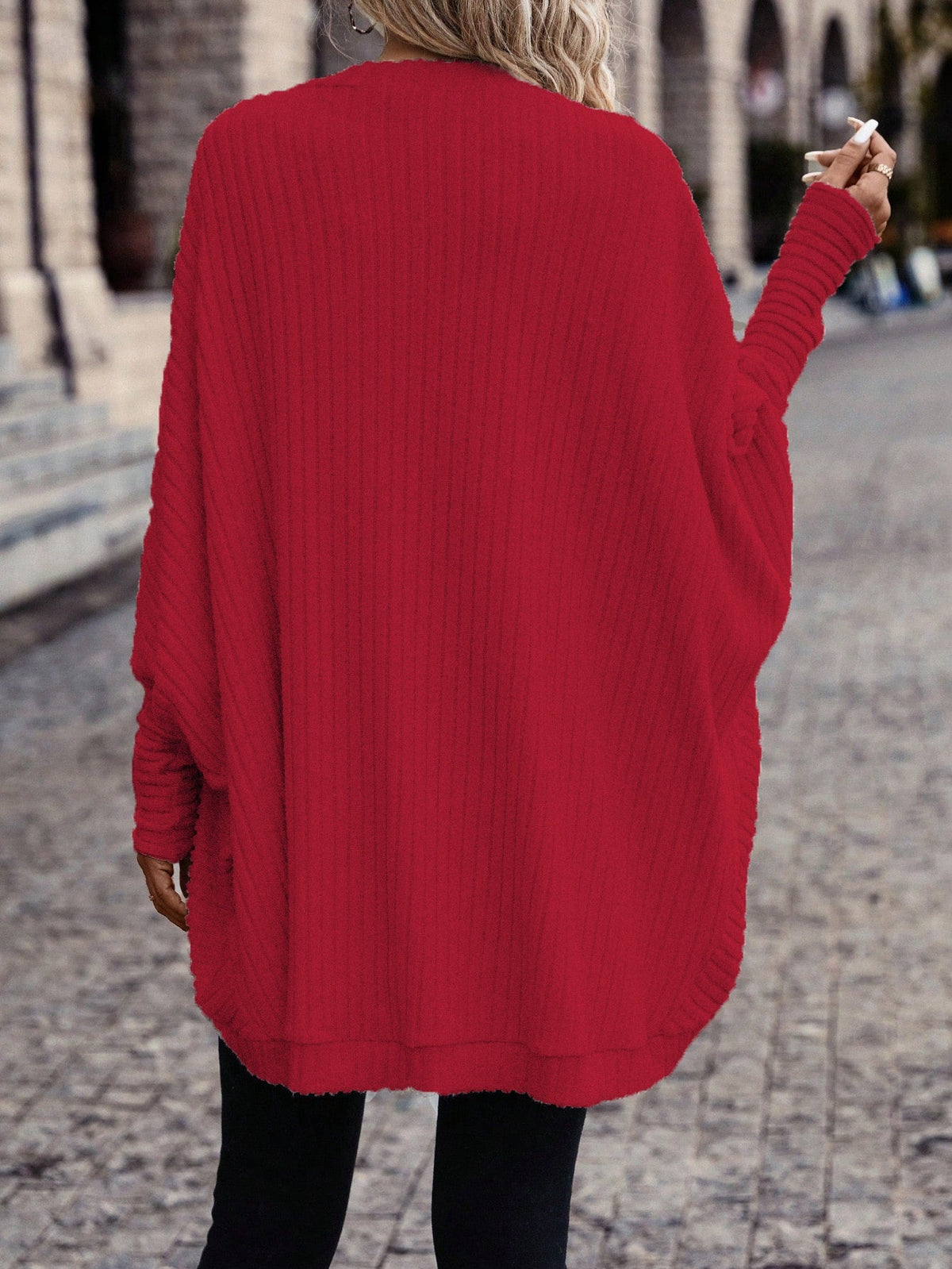 Cardigan with Rib Texture and Batwing Sleeves for Womens