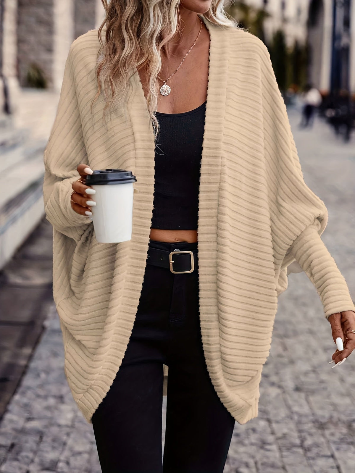 Cardigan with Rib Texture and Batwing Sleeves for Womens